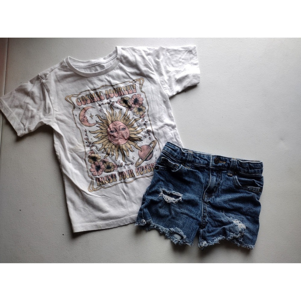 Wonder Nation Cat & Jack Kids Cosmic Sun Moon Tee & Distressed Denim Shorts Set‎
